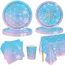 10pcs/20pcs/50pcs/Set, Winter Frozen Snowflake Birthday Party Supplies, Snowflake Tableware Including Christmas Snowflake Plates, Napkins And Cups, Tableware Winter Wonderland Tableware, Suitable For Winter Christmas Party Decorations,Disposable Blue White Freezing Winter Tableware, Christmas Snow Themed Paper Plates Napkins Cups For Wedding, Bridal Shower - Multicolor - View 1