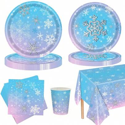 10pcs/20pcs/50pcs/Set, Winter Frozen Snowflake Birthday Party Supplies, Snowflake Tableware Including Christmas Snowflake Plates, Napkins And Cups, Tableware Winter Wonderland Tableware, Suitable For Winter Christmas Party Decorations,Disposable Blue White Freezing Winter Tableware, Christmas Snow Themed Paper Plates Napkins Cups For Wedding, Bridal Shower