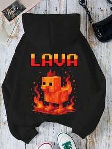 1PC Boy Game Style Pixel Flaming Chicken Print Hooded Sweatshirt, Soft And Comfortable, Spring Autumn Daily Leisure Wear - Black - View 3