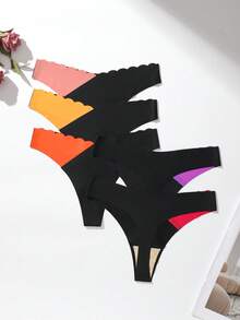 5 件/包无缝扇贝设计女士内裤，舒适撞色丁字裤，豹纹和丝绸面料，适合所有季节和日常穿着 - 彩色 - 查看 6