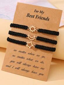 Goodwaro 3pcs Creative Metal Sun, Moon, Star Friendship Bracelets With Handmade Braided Ropes. Suitable For Women For Daily Wear, And Packaged With A Card, Good For Gifting - Black - View 6