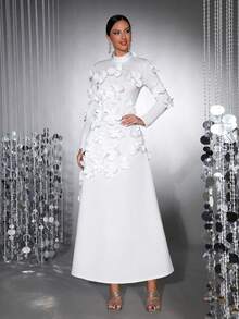 新款优雅女式 3D 花卉装饰长袖领结修身立体花朵连衣裙，适合情人节、伴娘、正式晚礼服 - 白色 - 查看 3