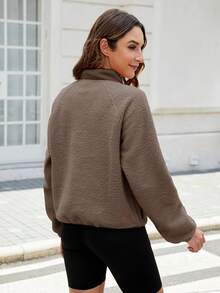 Women's Lightweight Fleece Pullover Jacket Cropped Fall Winter Fuzzy Sherpa Jacket Sweatshirt Coat With Pockets - 咖啡棕 - 查看 2