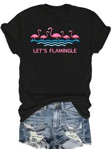 Camiseta "Let's Flamingle Flamingo Mingle" unisex de verano, casual, transpirable y de personalidad con cuello redondo y manga corta, ropa de calle versátil, adecuada para adolescentes y adultos - Negro - Ver 1