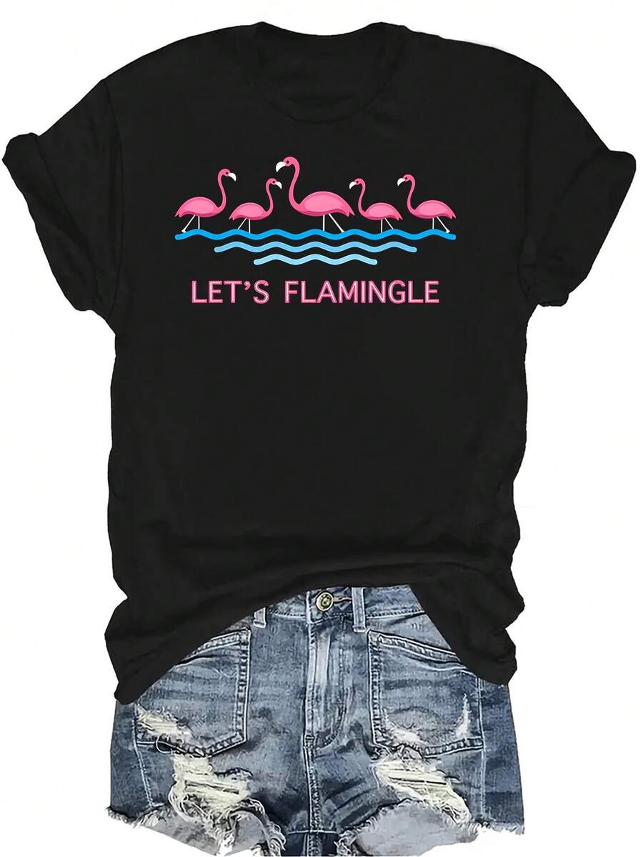 Camiseta "Let's Flamingle Flamingo Mingle" unisex de verano, casual, transpirable y de personalidad con cuello redondo y manga corta, ropa de calle versátil, adecuada para adolescentes y adultos - Negro - Ver 1