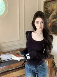 女性用秋ラウンドネック長袖フィットレタープリントTシャツ