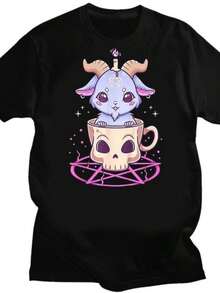 Kawaiis Pastel Goth Cute Creepy Black Cat Tshirt Women Summer XS-4XL Tops Creative Pattern Personalized Street Tee Y2k - 黑色 - 查看 1