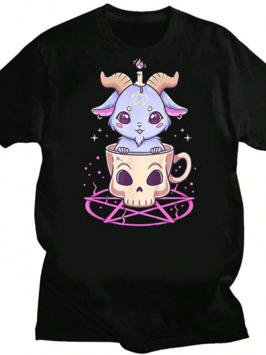 Kawaiis Pastel Goth Cute Creepy Black Cat Tshirt Women Summer XS-4XL Tops Creative Pattern Personalized Street Tee Y2k - 黑色 - 查看 1