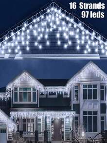 太陽能戶外窗簾燈 3.5m/7m 防水抗霜冰柱串燈 8種閃爍模式 97 LED/160 LED 太陽能串燈 16/27條裝 裝飾燈簾，適用於冬季、戶外、聖誕節、花園、婚禮、樓梯、屋頂、臥室、派對裝飾 - Solar Icicle String Lights - 查看 14
