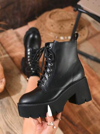 Fall/Winter 2025 Women's Minimalist Front Tie Side Zipper Waterproof Platform Chunky Heel Black Fashion Boots