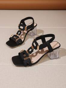 Futuristic Architecture Style Geometric Buckle Thick Heel Platform Black & White High Heel Sandals, Suitable For Parties, Prom, Nightclub Wear - Black - View 10