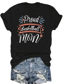 Camiseta de la Mamá Orgullosa del Baloncesto con Orgullo, Unisex, Casual de Verano, Transpirable, Personalidad, Cuello Redondo, Manga Corta, Ropa de Calle Versátil, Adecuada para Adolescentes y Adultos - Negro - Ver 1