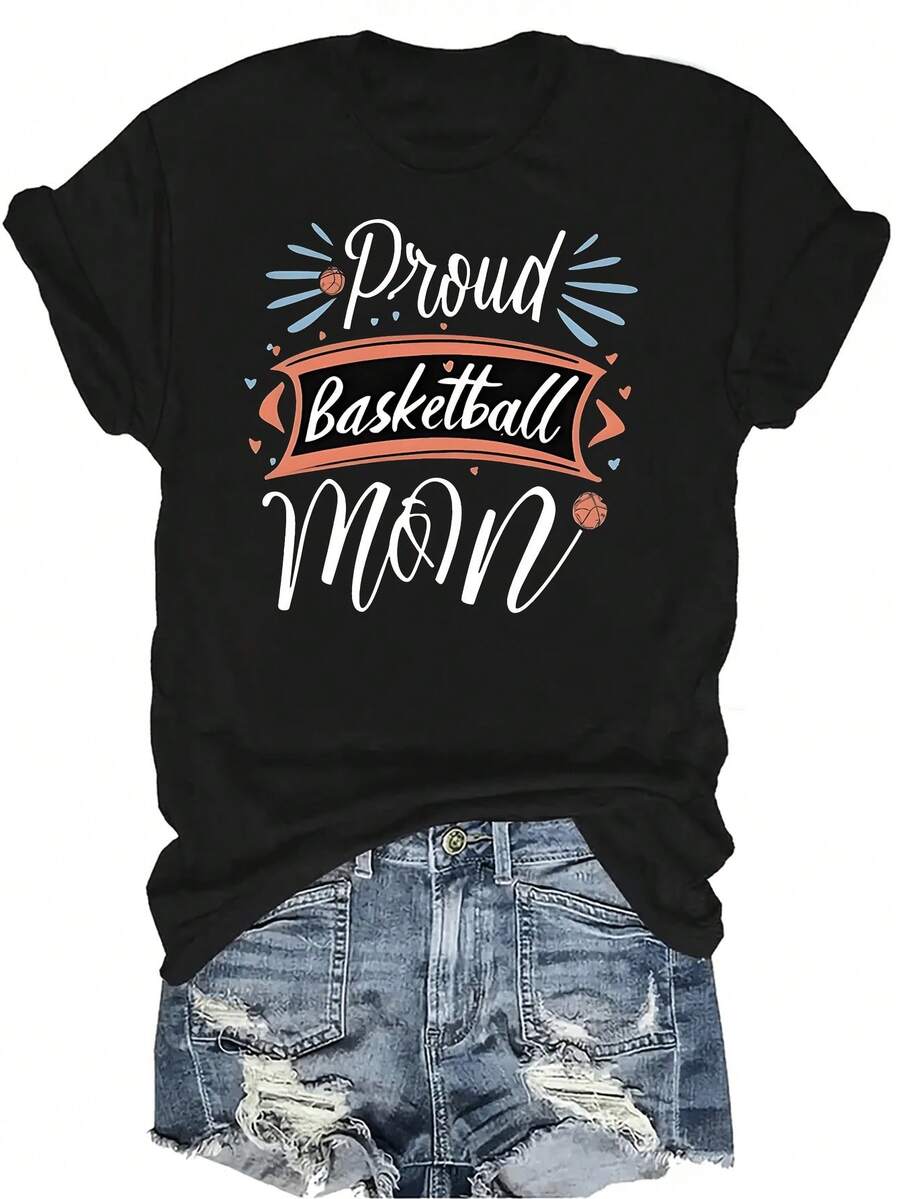 Camiseta de la Mamá Orgullosa del Baloncesto con Orgullo, Unisex, Casual de Verano, Transpirable, Personalidad, Cuello Redondo, Manga Corta, Ropa de Calle Versátil, Adecuada para Adolescentes y Adultos - Negro - Ver 1