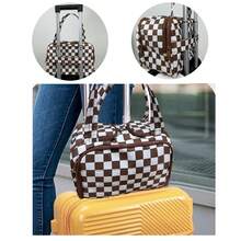 Checkered Toiletry Bag For Women,Large Capacity Waterproof Makeup Bag,Multi-Partitions Plaid Cosmetic Organizer,Wide-Open Travel Handbag - Brown - View 3