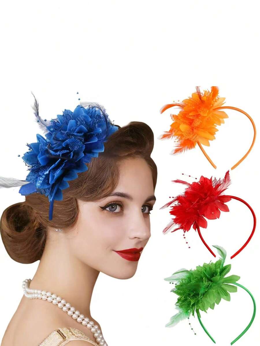 1 pieza Diadema con flor de plumas de estilo transfronterizo, accesorio para el cabello con plumas para fiestas, reuniones y actuaciones, accesorio para el cabello de novia retro, disfraz de Halloween