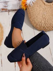 女士针织平底乐福鞋，舒适方头一脚蹬鞋，透气休闲妈妈鞋，春秋季 - 深藍色 - 查看 2