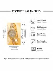 2 件套奢华女士套装：金色石英表搭配水晶链和经典嘻哈手链，时尚迷人，是送给女性的理想礼物 - 金色 - 查看 5