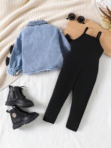 Conjunto de 2 piezas de chaqueta de manga larga de mezclilla con bolsillo con lazo y pantalones de peto para bebés niñas, estilo callejero vintage, para primavera/otoño - Negro - Ver 2