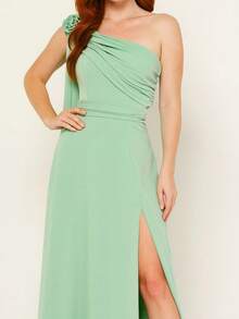 Bridesmaid Dress For Party Guests Reception Graduation Without Shine Cape Sleeve In Fluity Cpom Flower Brooch - Mint Green - View 2