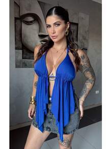 Cropped Top Curtain With Padded Cups And Adjustable Straps, Halter Front With Ruffles And Ties At The Back, Women's Clothing Fashion - Azul - Ver 4