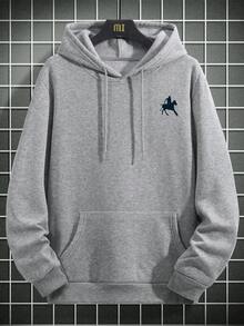 Simple Studio | 男士休闲简约骑士Logo印花抽绳连帽抓绒卫衣，秋冬款 - 深灰色 - 查看 6