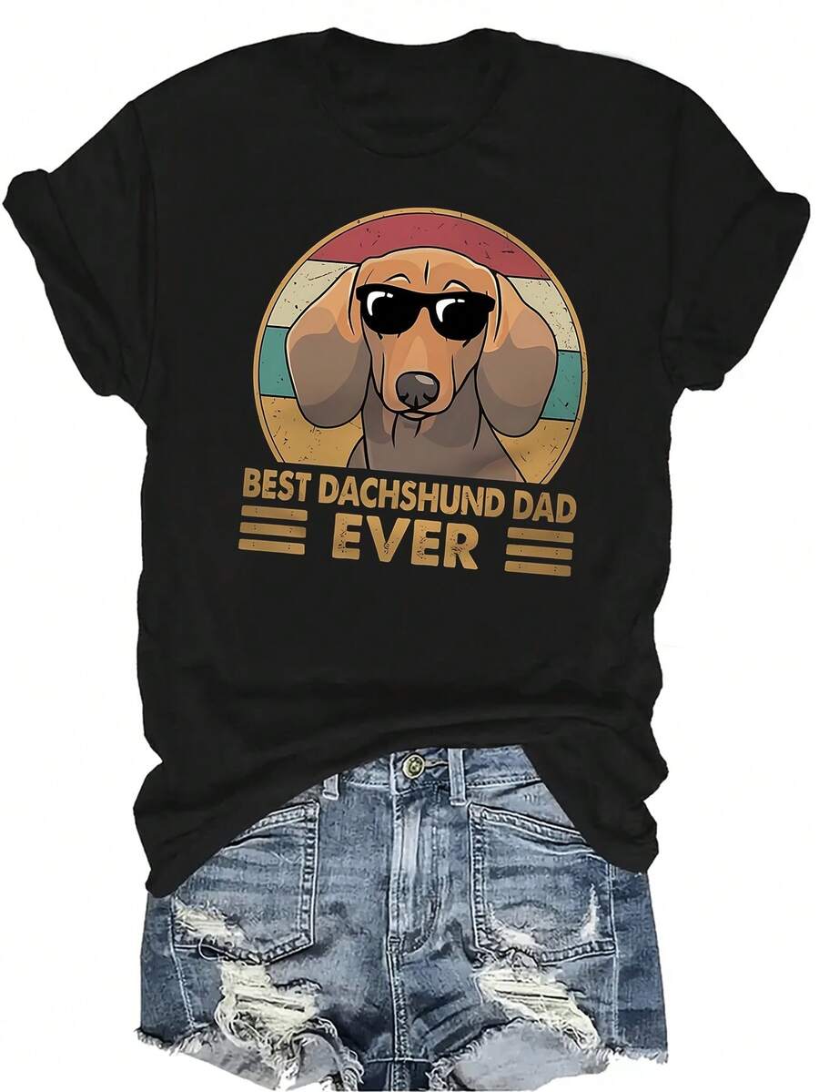 Mejor camiseta de papá Dachshund Unisex, de verano, casual, transpirable, de personalidad, de cuello redondo, de manga corta, de ropa urbana, versátil, adecuada para adolescentes y adultos - Negro - Ver 1
