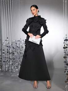 Váy maxi dài tay đính nơ họa tiết hoa 3D thanh lịch dành cho nữ, thích hợp cho ngày lễ tình nhân, phù dâu, dạ hội trang trọng - màu đen - Xem 2