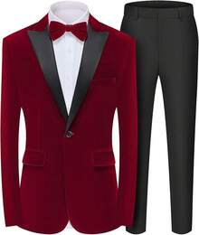 2026 Men's Casual Blazer & Pant Set  Men's 2 Piece Velvet Suit Peak Lapel One Button Slim Fit Tuxedo Blazer Party Dinner Jacket & Pants Relaxed Stretch Fit For Smart Casual Events - 紅峰翻領 - 查看 1