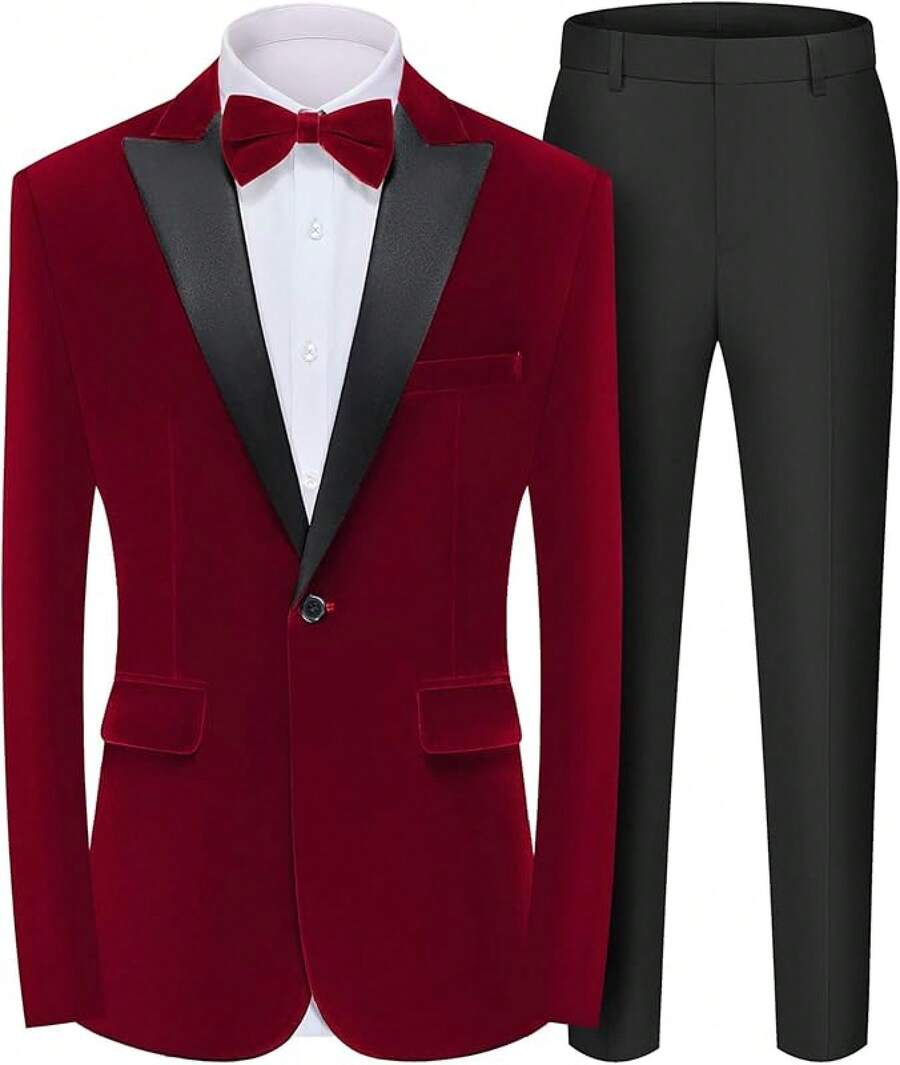 2026 Men's Casual Blazer & Pant Set Men's 2 Piece Velvet Suit Peak Lapel One Button Slim Fit Tuxedo Blazer Party Dinner Jacket & Pants Relaxed Stretch Fit For Smart Casual Events - 紅峰翻領 - 查看 1