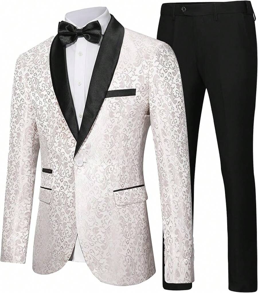 Men's Floral Dinner Party Prom Wedding Stylish Suits For Men One Button Dinner Jacket Pants Sethalloween - 白色-2件 - 查看 1