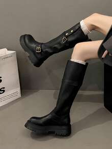 女士厚底高筒靴，复古做旧皮革搭扣绑带时尚靴，2025春秋新款，派对必备