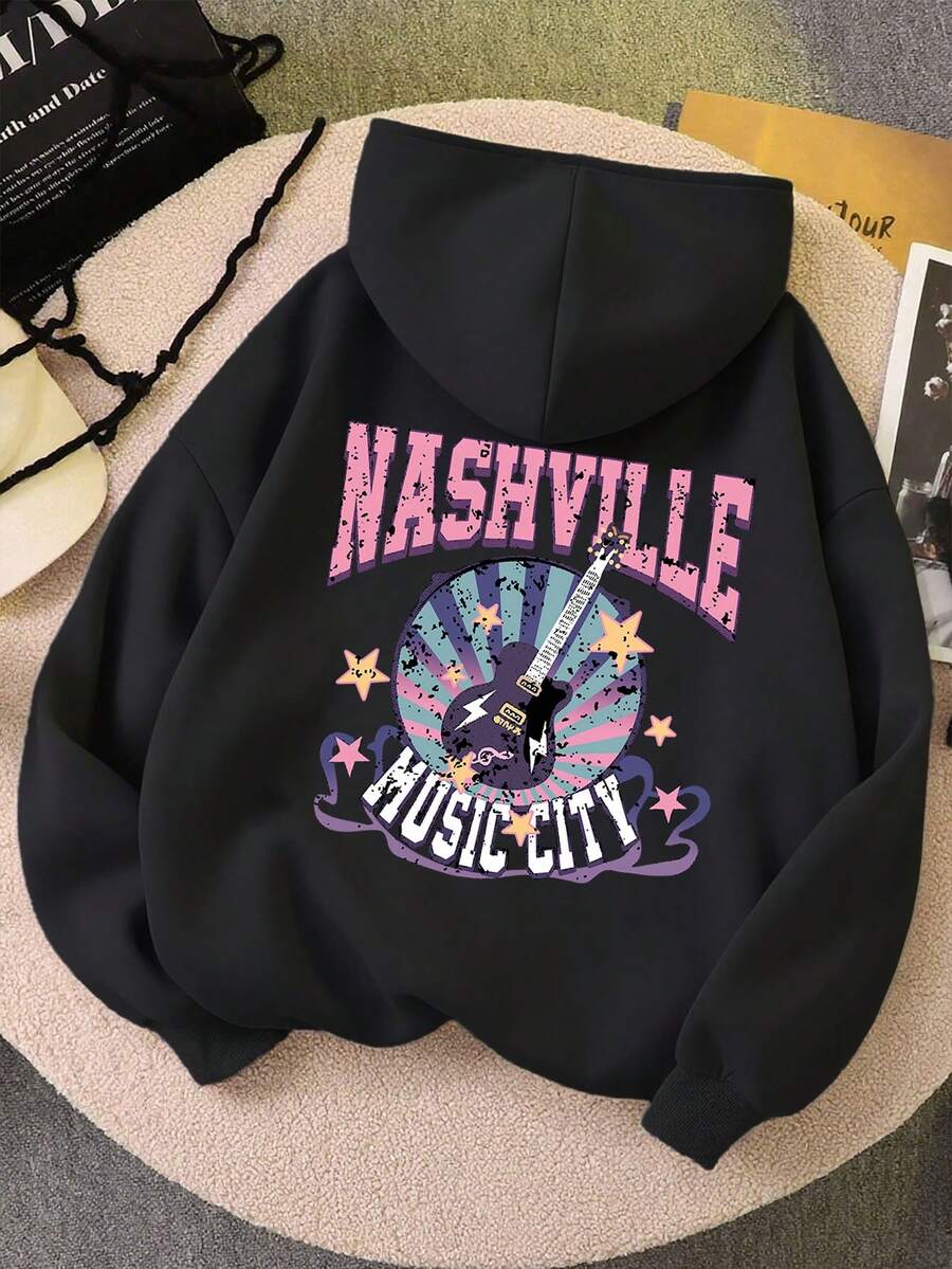 少女返校季少女音乐吉他印花连帽卫衣 - 柔软、可机洗、百搭 - 秋冬休闲/派对/运动（秋季新款，万圣节） - 黑色 - 查看 1