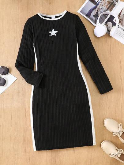 Teen Girl Black Long Sleeve Letter Print Fitted Dress, Versatile All-Match Style For Spring & Autumn