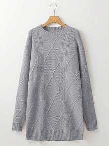Acelitt Autumn/Winter Women's Solid Color Knitted Textured Pattern Dropped Shoulder Oversized Sweater Dress, Order One Size Down - Grey - View 7