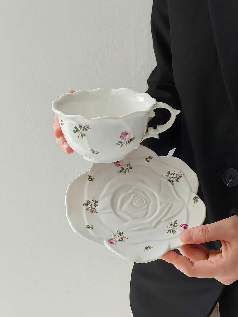 1 Set European Style Rose Ceramic Coffee Cup & Saucer, Asymmetrical Embossed Tea Cup Set, Petal Coffee Cup, Cup And Saucer, Home Breakfast Coffee Cup, Milk Cup, Juice Cup, Suitable For Afternoon Tea, Home, Elegant Latte Cup And Dessert Plate - Multicolor - View 1