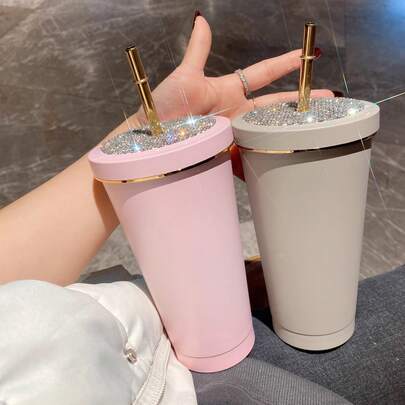1pc Luxury Gift New Arrival Rhinestone Decorated Stainless Steel Insulated Coffee Cup, High-End Tumbler With Straw For Office, Travel, Home, Car, Flat Bottom Cup, Coffee Mug, Water Bottle, Roly-Poly, Wedding, Birthday, Festival Gift, Diamond Decor Art, Family, Friends, Ramadan, Lucky, Easter, Music Festival