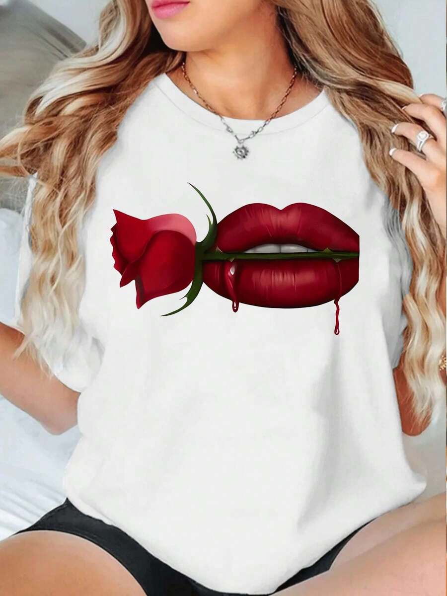 T-Shirt mit Grafik und rosa Lippen, lässig, kurzärmelig, Rundhalsausschnitt, neu, 220 g reine Baumwolle (1 Stück)