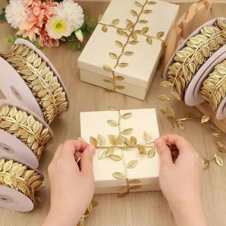 3pcs Christmas Fashionable Ribbons, 1m Floral Trim Gift Wrapping Ribbon, Christmas Lighting Star Artificial Rose Leaf Ribbon - Multicolor - View 1
