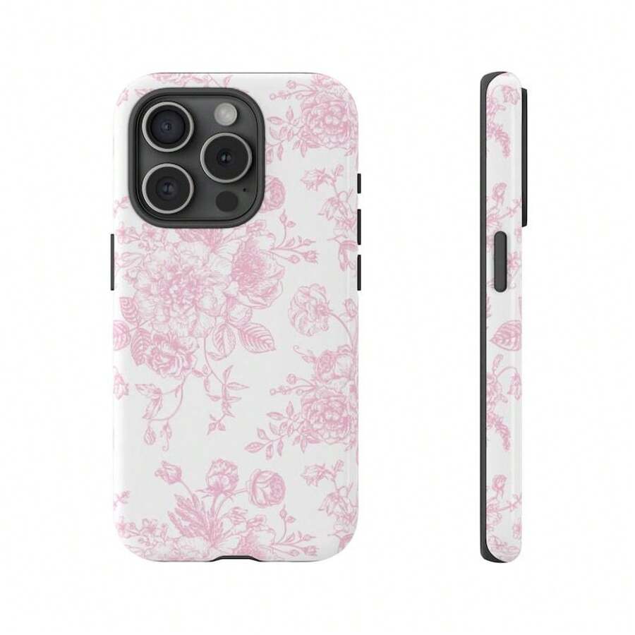 1 Pc French Toile De Jouy Tough Phone Case, Light Pink And White Floral Tough Phone Case For IPhone 15Pro, 14, 13, 12, 11, 8, XR Mini, Pro Max, Plus Accessories Protection Flower Case - trắng - Xem 1
