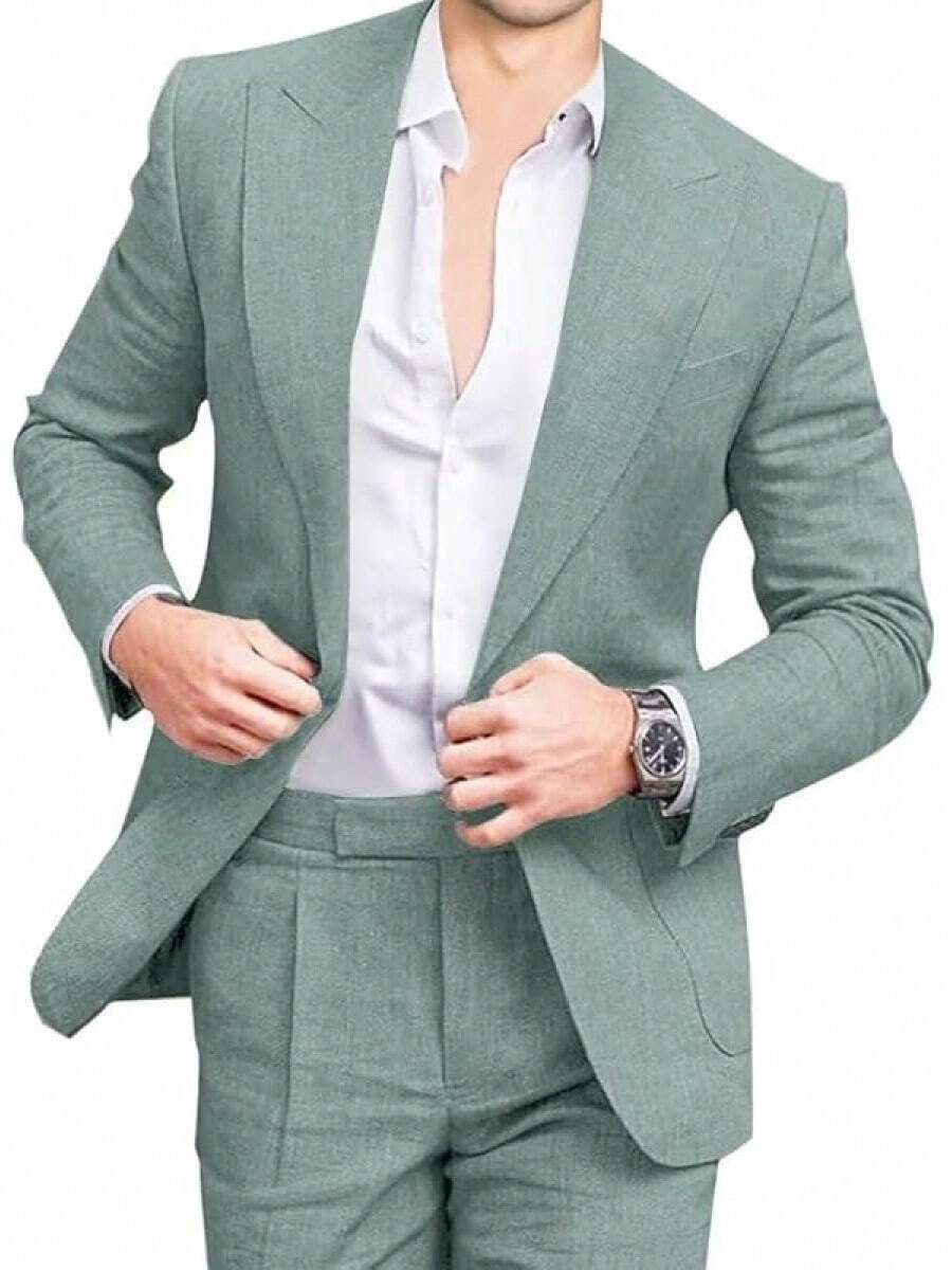 Mens Linen Suits 2 Piece Beach Wedding Blazer Summer Grooms Classic Lightweight Breathable Jacket Pantshalloween - Sage Green - 查看 1