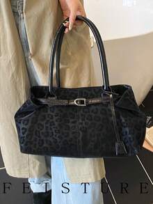 1pc Leopard Print Large Capacity Tote Bag, Fashion Strap Decor Shoulder Bag, Magnetic Closure, Suitable For Daily Outing, Dating, Commuting - Black - View 9