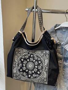 女士手提包，大容量防水帆布刺绣托特包，个性化图案便携单肩托特包 - 黑色 - 查看 10