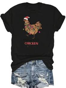 Camiseta de pollo navideño Unisex Verano Casual Transpirable Personalidad Cuello Redondo Manga Corta Camiseta Ropa de Calle Versátil, Adecuada para Adolescentes y Adultos - Negro - Ver 1