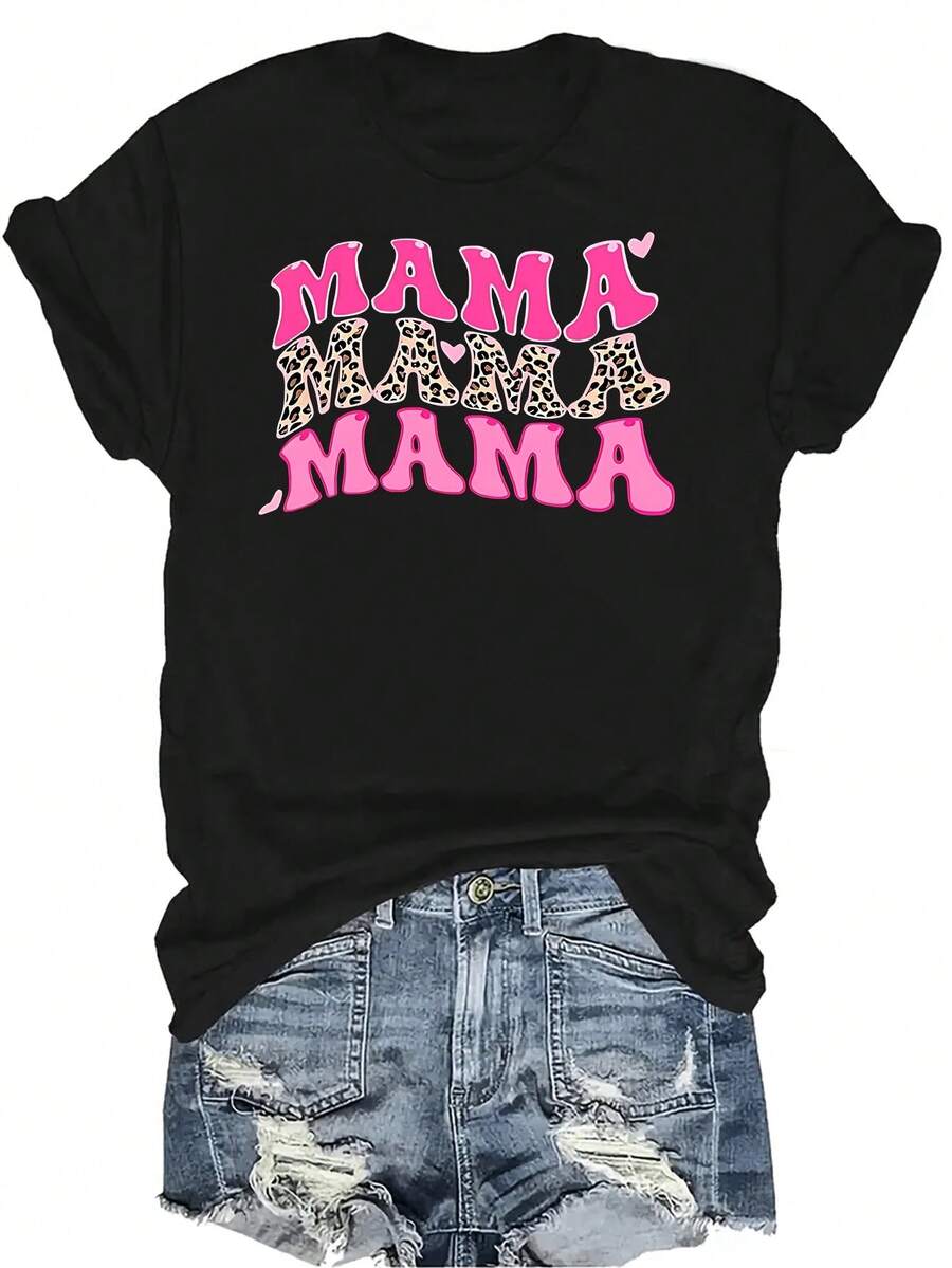 Camiseta unisex de verano casual y transpirable con estampado de leopardo rosa, corazón y letras "MAMA", de cuello redondo y manga corta, estilo urbano y versátil, adecuada para adolescentes y adultos - Negro - Ver 1