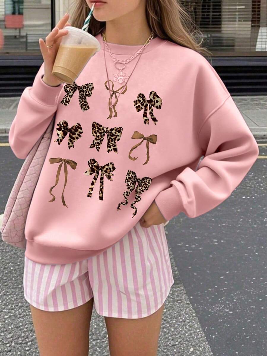 1 Stück Mädchen Y2K süßer Stil Schleifenprint Langarm-Sweatshirt, weich und bequem, tägliche Freizeitkleidung