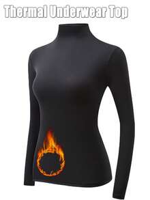 女士立领无缝打底衫，女士保暖长袖上衣，秋季超薄保暖内衣，纯色保暖内衣，长袖无缝打底衫，修身高弹打底衫，轻薄透气上衣，秋冬季休闲纯色轻薄保暖打底衫 - 黑色 - 查看 4