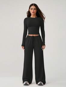 NcmRyu 1 Set Damen bequemer, lässiger, einfarbiger, rundhalsiger, weiter, gerade geschnittener, locker sitzender Langarm Fitness, Workout, Outdoor Sport Anzug