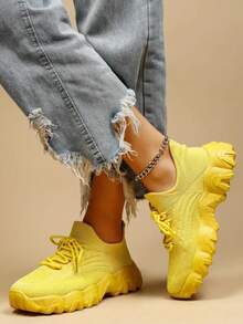 女士户外新款百搭日常舒适柔软透气网眼一脚蹬鞋，纯色休闲运动鞋 - 黃色 - 查看 5