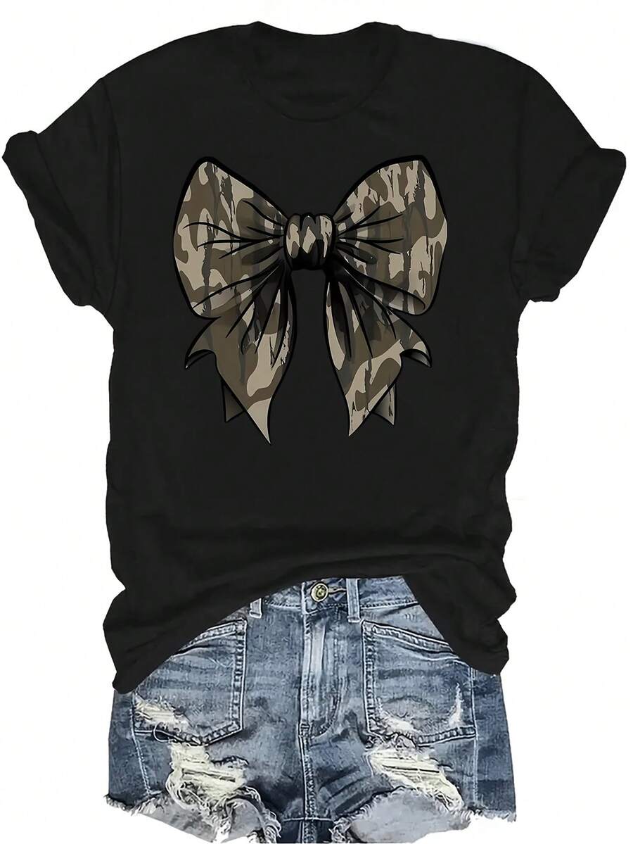 Camiseta casual con lazo de camuflaje para mujer, unisex, de verano, casual, transpirable y de personalidad, de cuello redondo y manga corta, ropa de calle versátil, adecuada para adolescentes y adultos - Negro - Ver 1
