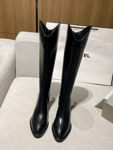 2025 hochwertige, stark nachgefragte Herbst-Neuheit mit mittlerem Absatz und dickem Absatz, vielseitige modische V-Schaft Kniehohe Stiefel, elegante minimalistische Overknee-Stiefel mit spitzer Zehenpartie für Frauen